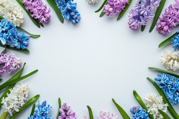 Frame with colorful hyacinth flowers on white background. Greeting card design for holiday, Mother's day, Easter, Valentine day. Springtime composition with copy space. Flat lay style border