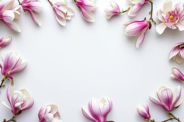 Frame with pink magnolia flowers on clear white background. Greeting card design for holiday,...