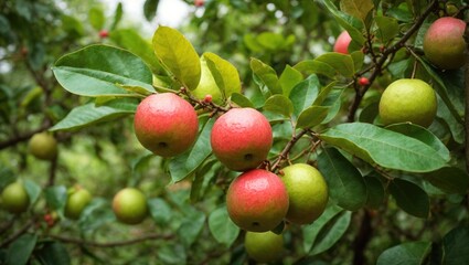 Delicious Fresh Fruit on a Green Guava Tree Branch in an Orchard