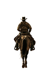 Young historical old western cowboy riding his brown horse. Bandit or Sheriff. Back view. Full view. Rear View. Riding away. Cowboy hat. Leather worn and dusty wear. 