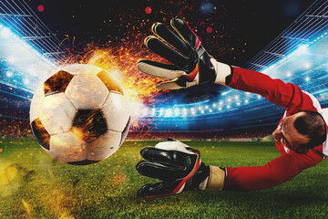 Powerful kick of a soccer player with fiery soccerball in the football stadium
