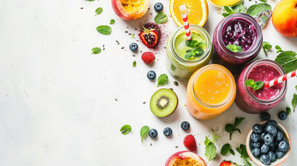 healthy natural organic smoothie made from fresh fruits and berries, detox, weight loss, proper nutrition, drink in a glass, jar of juice, tropical cocktail, ingredients, cooking, breakfast, spinach - obrazy, fototapety, plakaty
