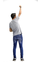 A man, on a white background, in full height, raised his hand
