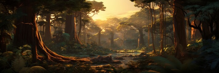 Prehistoric  forest landscape. Jurassic wood background.