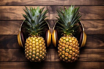 Ripe pineapples with headphones on wooden background