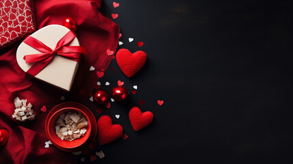 Valentine's day background with red heart and gift box on black background generativa IA