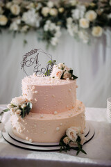 A wedding cake with flowers on top. 5333