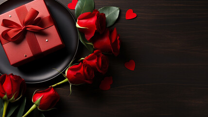 Valentine's Day background with red roses and gift box on dark wooden table generativa IA