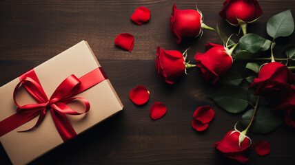 Gift box with red ribbon and rose flowers on dark wooden background. generativa IA