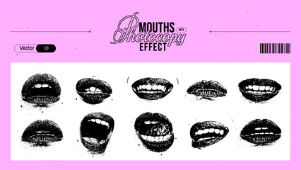 Grunge grain mouths with a xerox or photocopy effect in an anti-design style. Set of different elements for graphic design. Vector illustration.