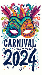 Obraz premium Illustration Festive Masquerade Mask. White Background. Holiday Pageant and Mardi Gras Concept. Text Carnival 2024. Vertical Banner