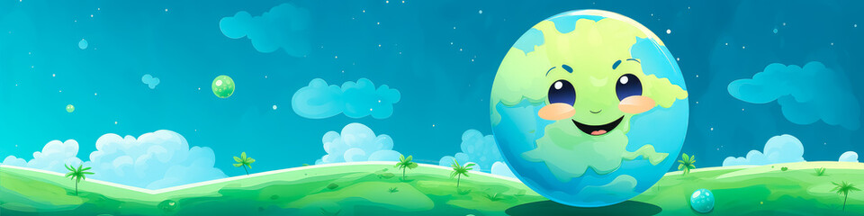 Banner Cartoon planet earth smiling. On a blue background in the clouds. World environment day and Eco-friendly concept. Save the world illustration. Earth day post greeting. Free space for text, Copy