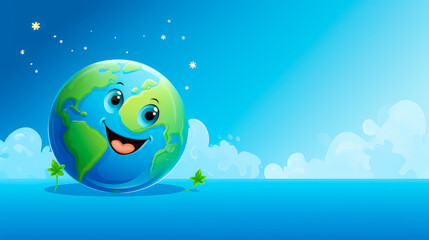 Cartoon planet earth smiling. On a blue background in the clouds. World environment day and Eco-friendly concept. Save the world illustration. Earth day post greeting. Free space for text, Copy Space