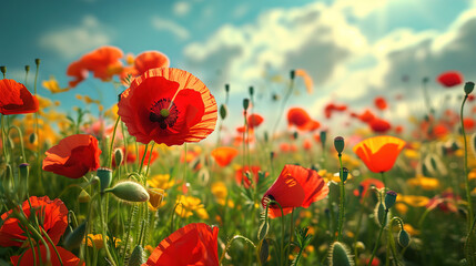 Fototapeta premium Spring landscape with wildflowers, cornflower, poppies and daisies among the grass, beautiful idyllic rural, countryside landscape.