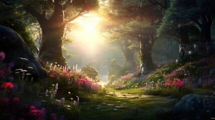 Fantasy magic forest landscape. Fantastic wood background.