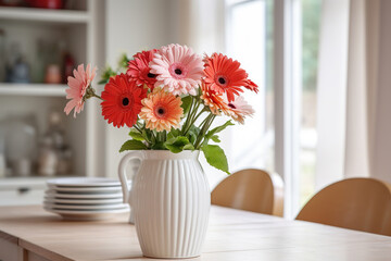 Colorful gerbera flower in vase on table in kitchen