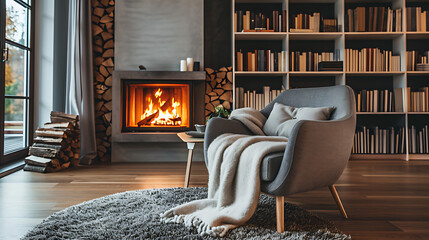 Sofa and chair in room with fireplace and book shelf. Scandinavian style home interior design of modern living room