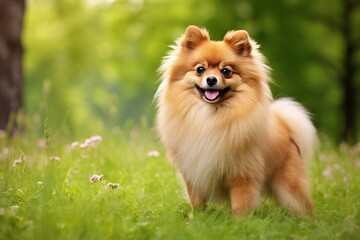 Pomeranian spitz on green grass in the park