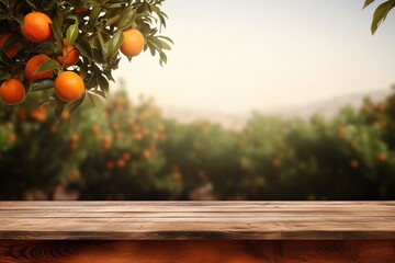 Brown wooden table on orange trees background