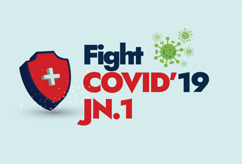 Fight Covid-19 new variant JN.1. Covid-19 new variant JN.1 a descendant of omicron awareness banner with protection shield and Coronavirus cell. New variant of Coronavirus. Corona in 2024 - obrazy, fototapety, plakaty
