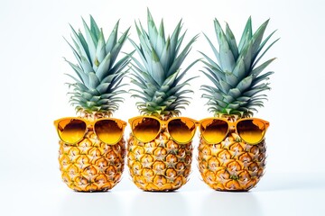 Ripe pineapples with sunglasses on white background
