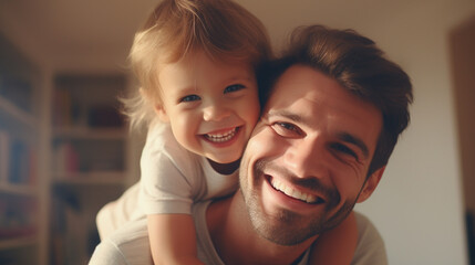 Close up of happy dad holding his adorable little baby smiling.Generative AI
