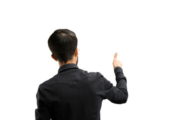 A man, on a white background, in close-up, points forward