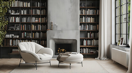 Sofa and chair in room with fireplace and book shelf. Scandinavian style home interior design of modern living room