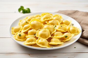 Italian ravioli pasta on wooden background