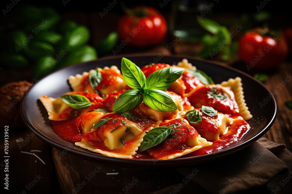 Wall mural italian ravioli pasta with tomato sauce on wooden background - Wall murals