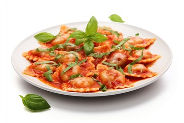 Italian ravioli pasta with tomato sauce on white background
