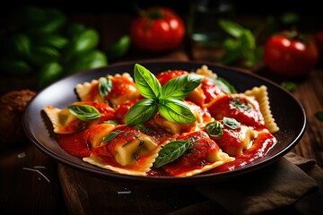 Italian ravioli pasta with tomato sauce on wooden background