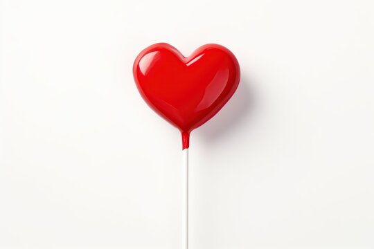 Red lollipop in shape of heart on white background