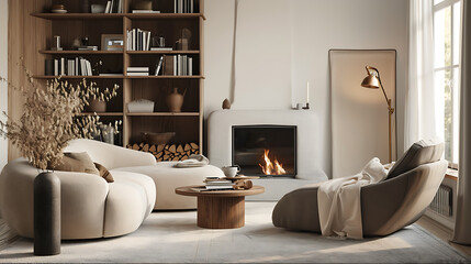 Sofa and chair in room with fireplace and book shelf. Scandinavian style home interior design of modern living room