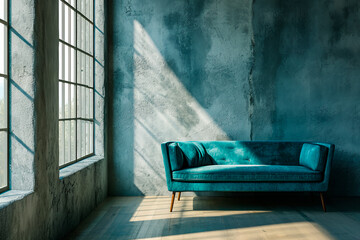 Turquoise sofa positioned near a window against a concrete wall, offering copy space. Minimalist home interior design in a modern living room.