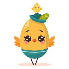 Vector illustration of cute colored cartoon character easter egg in a hat with a chicken. Groovy vintage cute mascot. Vector illustration. Happy Easter greeting card.