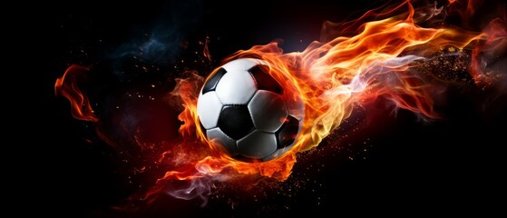 Naklejka premium Fiery Soccer Ball In Goal In Flames, fire lines soccer ball light background. Generative AI