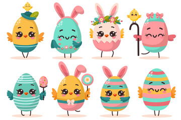 Vector illustration collection of cute colored cartoon character easter eggs. Groovy vintage cute mascots. Vector illustration. Happy Easter greeting card.