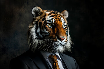 Fototapeta premium An anthropomorphic portrait featuring a tiger wearing a business suit. 