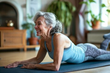 Elderly lady enjoying yoga at home, captured mid-Cobra Pose with a joyful smile, symbolizing active aging and fitness