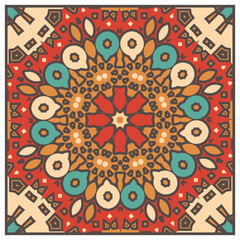 Print design for a square scarf, tablecloth, decorative panel or other creative project. Version No. 7. Retro palette. Vector illustration