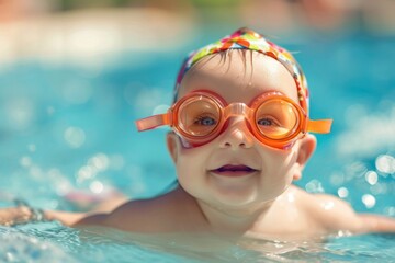 Naklejka premium Little swimmer, joyful kid, baby swims in the pool with swimming goggles. portrait of a contented child. water treatments, children's entertainment.