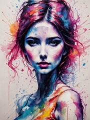 Watercolor urban grunge illustration of beautiful girl, abstract artwork, colorful contemporary poster