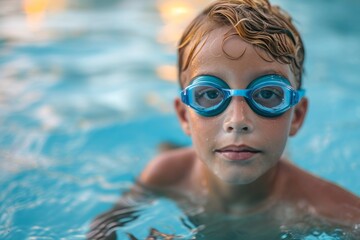 Naklejka premium A little swimmer, a boy swims in the pool with goggles for swimming above the water. portrait of a contented child. water treatments, a kind of sport.