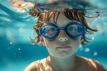 Naklejka premium a child, a boy, swims in the pool wearing goggles for swimming underwater. water treatments, a kind of sport.
