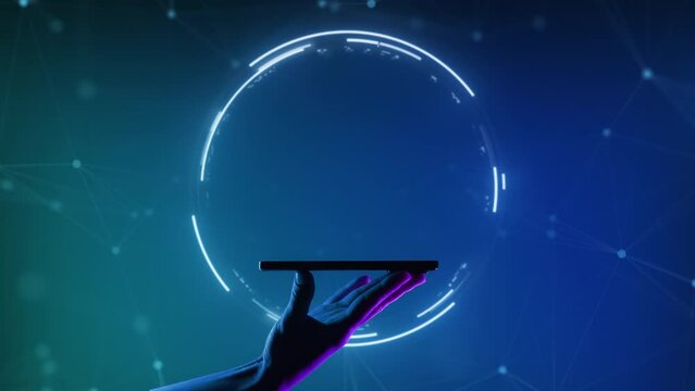 A hand holding smartphone on the neon light background. Mobile application or innovation smart app. Phone side view digital abstract background. Free copy space for name or logo text