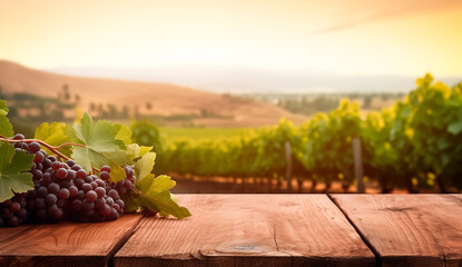 Empty wooden table, sunny vineyard background with copy space