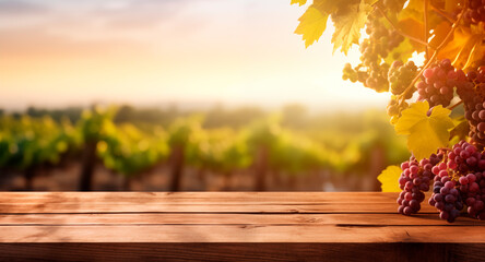 Naklejka na ściany i meble Empty wooden table, sunny vineyard background with copy space