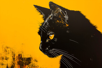 A black cat set against a vibrant yellow background.





