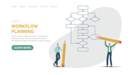 Vector illustration for poster, website, banner with men with pencils near scheme. Tracking progress of work process, successful completion of tasks on way to achieving goals, overcome difficulties.